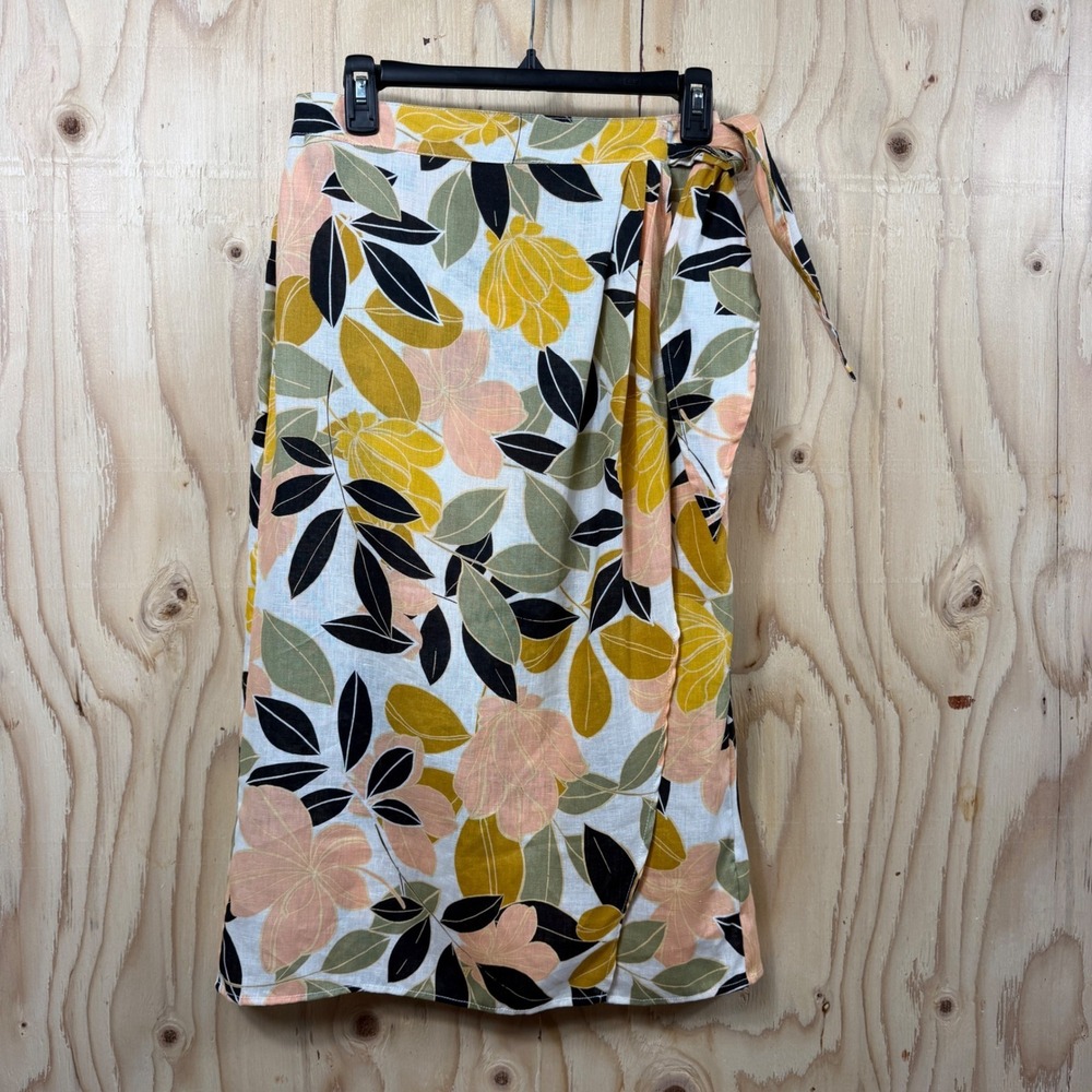 Rachel Zoe 100% Linen Side Tie Wrap Midi Skirt Yellow Women's Small New Beach